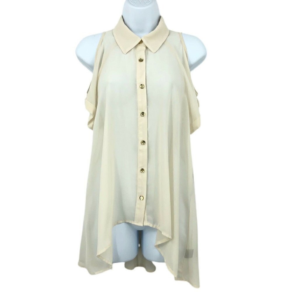 Monteau Top Cream Cold Shoulder High Low Sheer Chiffon Button Up Short Sleeve M
